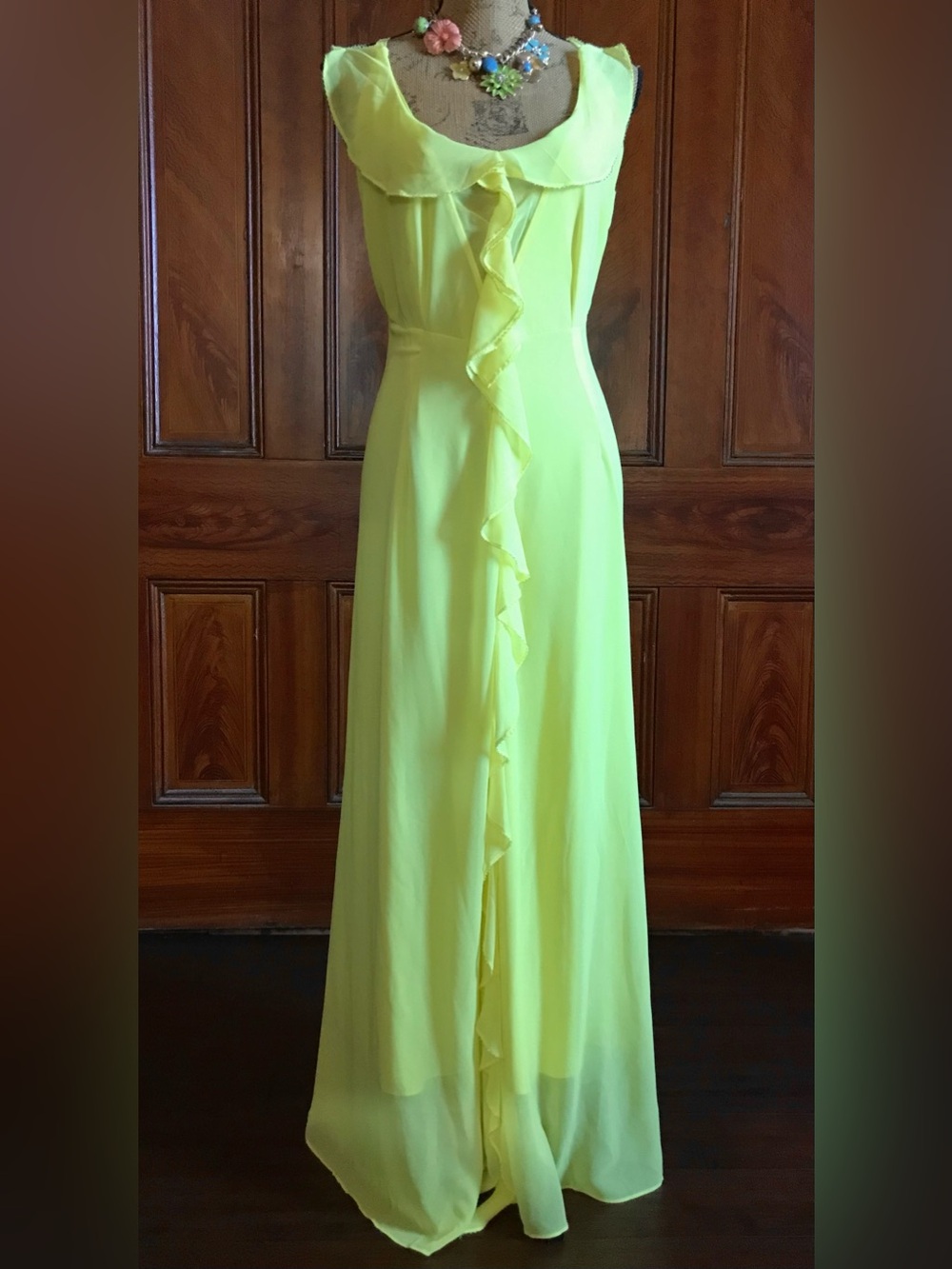 Vintage Custom Flourescent Yellow Crepe Chiffon Prom Dress Easter Event Gown